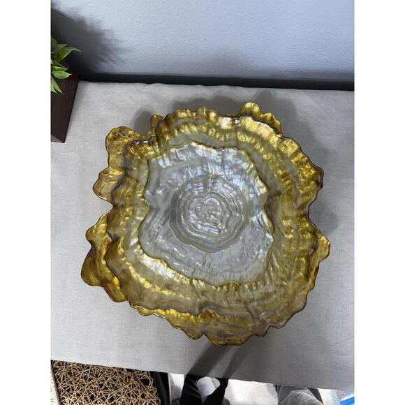 Freeform Art Glass Platter by Akcam Turkey Ombre Amber Gold Pearl Shell Oyster - Picture 1 of 9